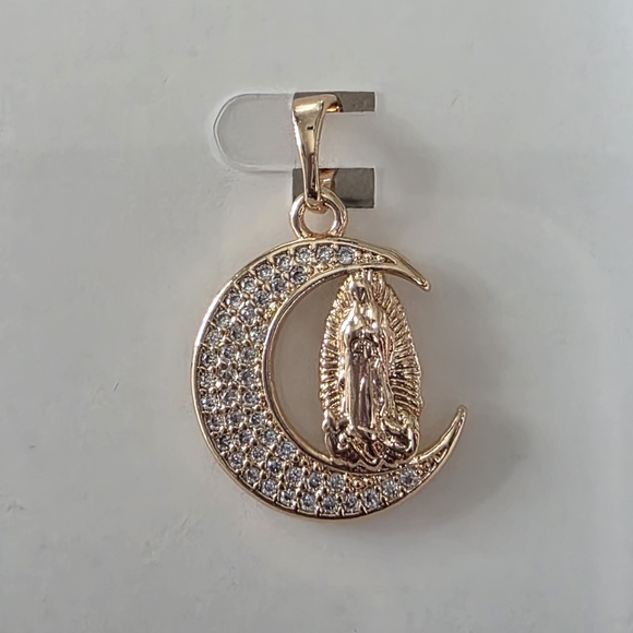 Rose Gold Filled Necklace Pendant Virgin Mary on Crescent Moon with CZ - Picture 1 of 5